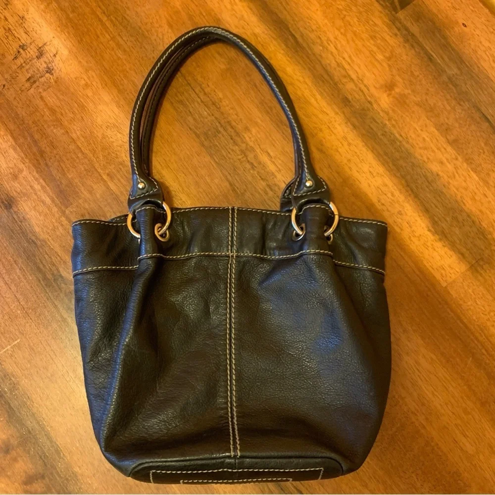 Tignanello Shoulder Bag Black Leather Purse Multi color stripe lining